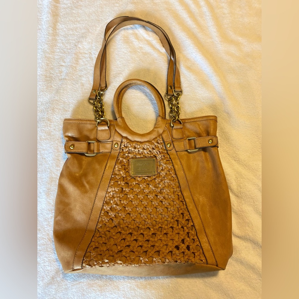 Nicole Miller Purse Shoulder Bag with braided front in tan vegan leather